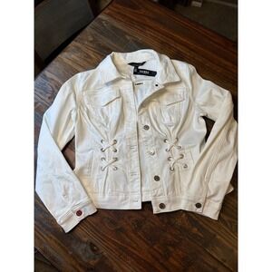 White House Black Market White Grommet Detail Trucker Jacket WHBM Size Med NWT